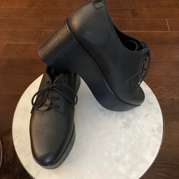 Robert Clergerie Wedged Platform Lace Ups, Black Leather